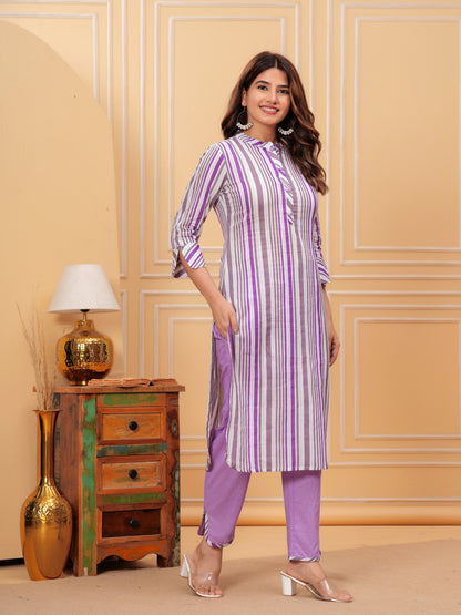 Purple Stripes Kurta Set - Cotton Fabric, 3/4 sleeves, Mandarin Collar and Calf Length.