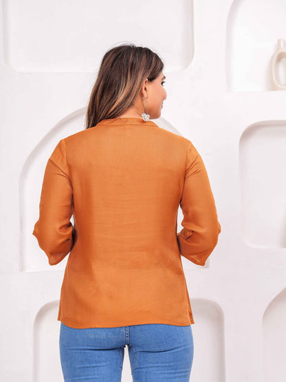 Orange Solid Tops & Tunic - Viscose Moss Fabric, 3/4 sleeves, V-neck collar and hips Length.