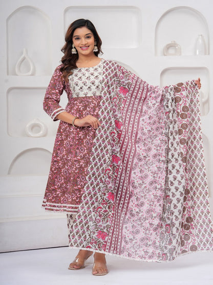 Brown Floral Print Kurta Bottom With Dupatta Set