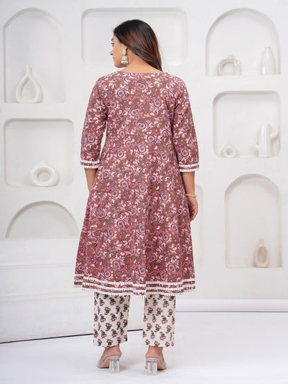 Brown Floral Print Kurta Bottom With Dupatta Set