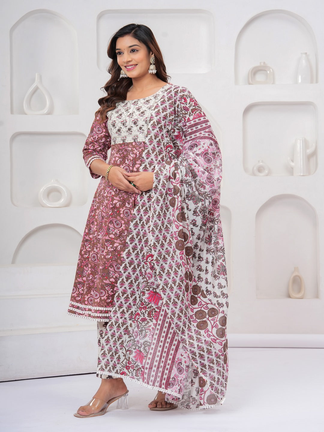 Brown Floral Print Kurta Bottom With Dupatta Set