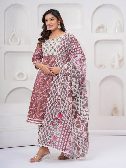 Brown Floral Print Kurta Bottom With Dupatta Set