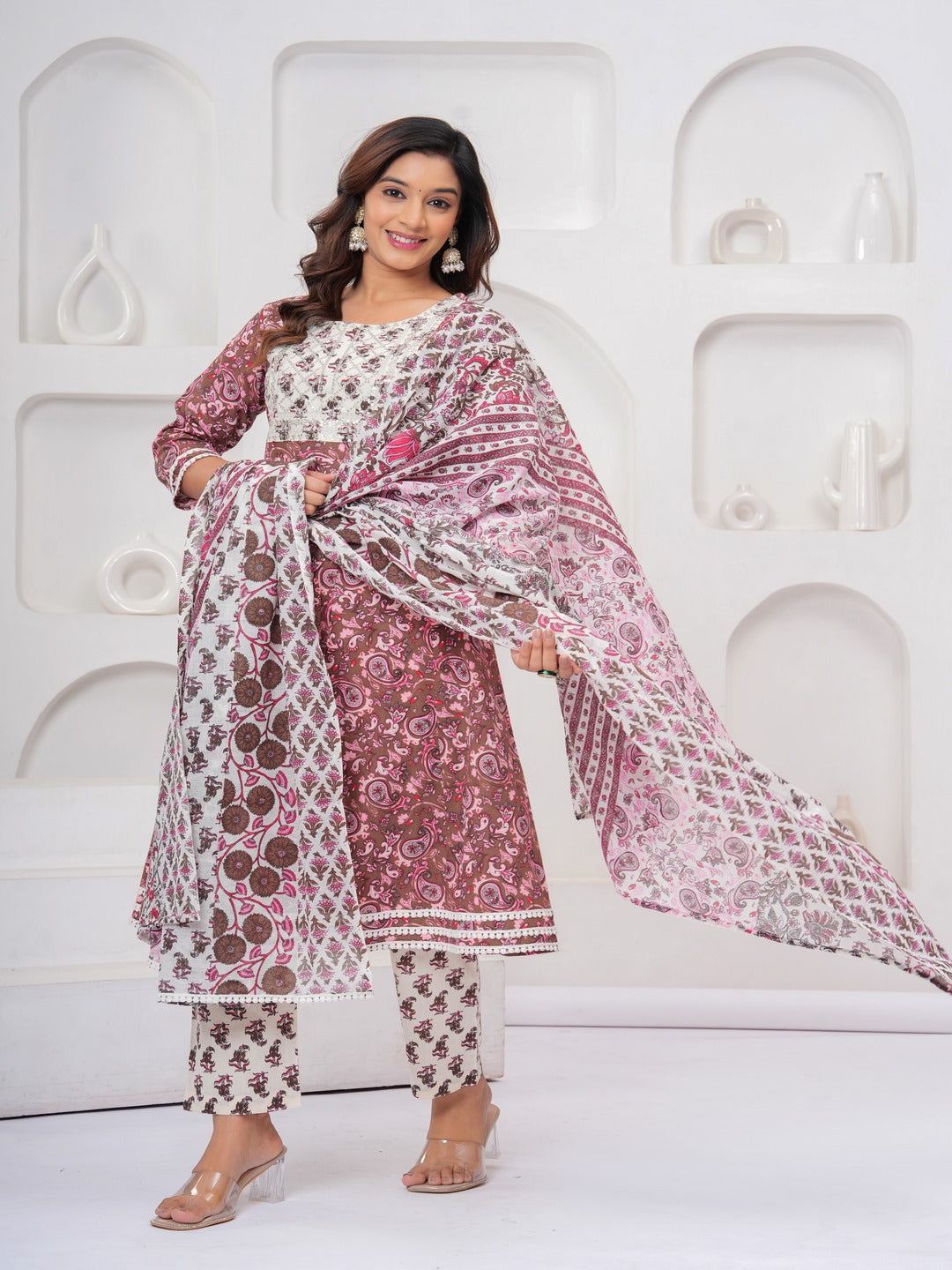 Brown Floral Print Kurta Bottom With Dupatta Set