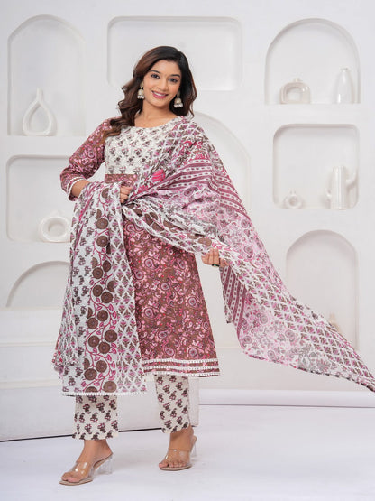 Brown Floral Print Kurta Bottom With Dupatta Set