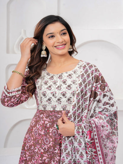Brown Floral Print Kurta Bottom With Dupatta Set