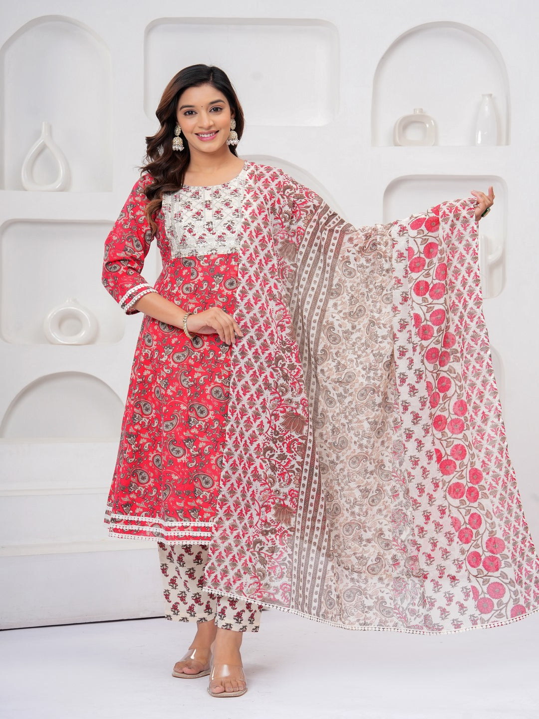 Red Floral Print Kurta Bottom With Dupatta Set