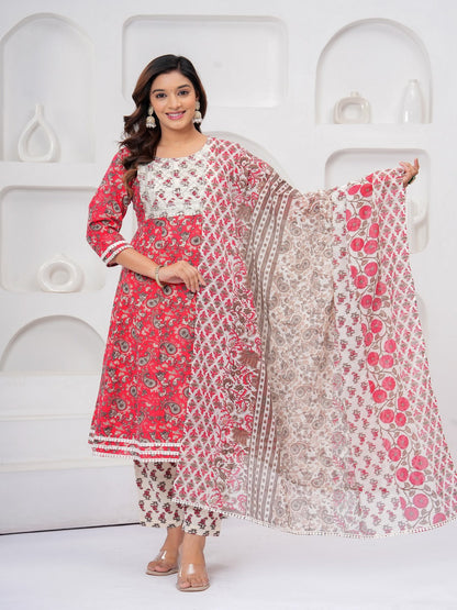 Red Floral Print Kurta Bottom With Dupatta Set