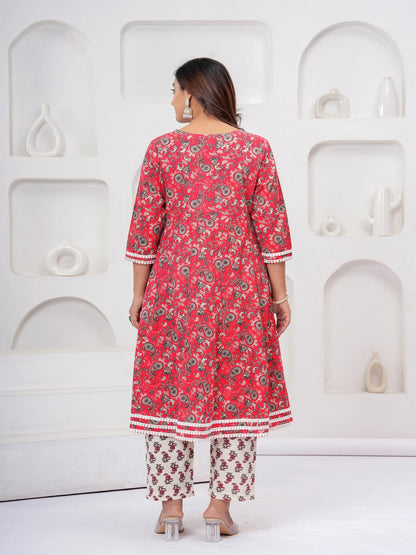 Red Floral Print Kurta Bottom With Dupatta Set