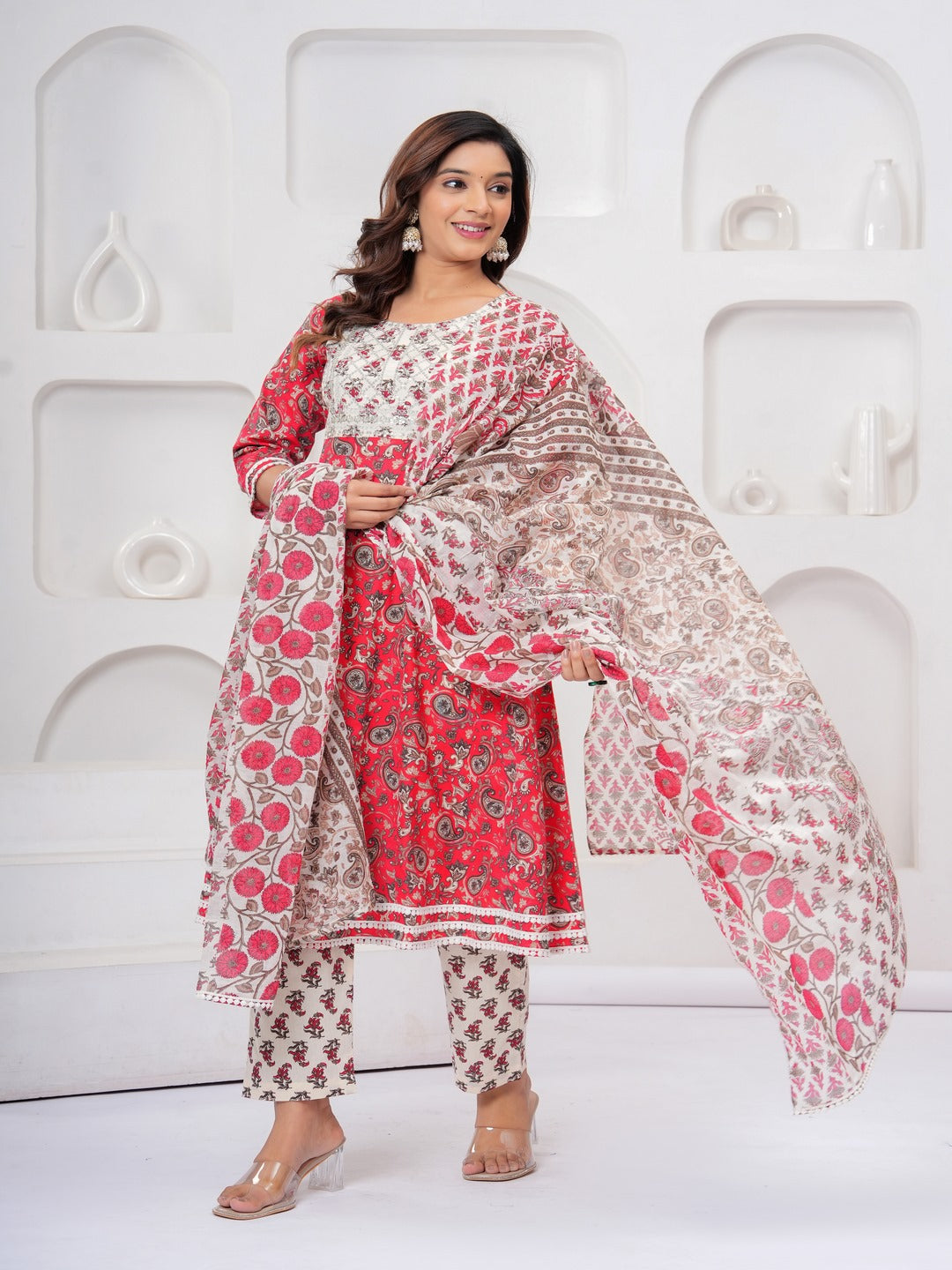 Red Floral Print Kurta Bottom With Dupatta Set