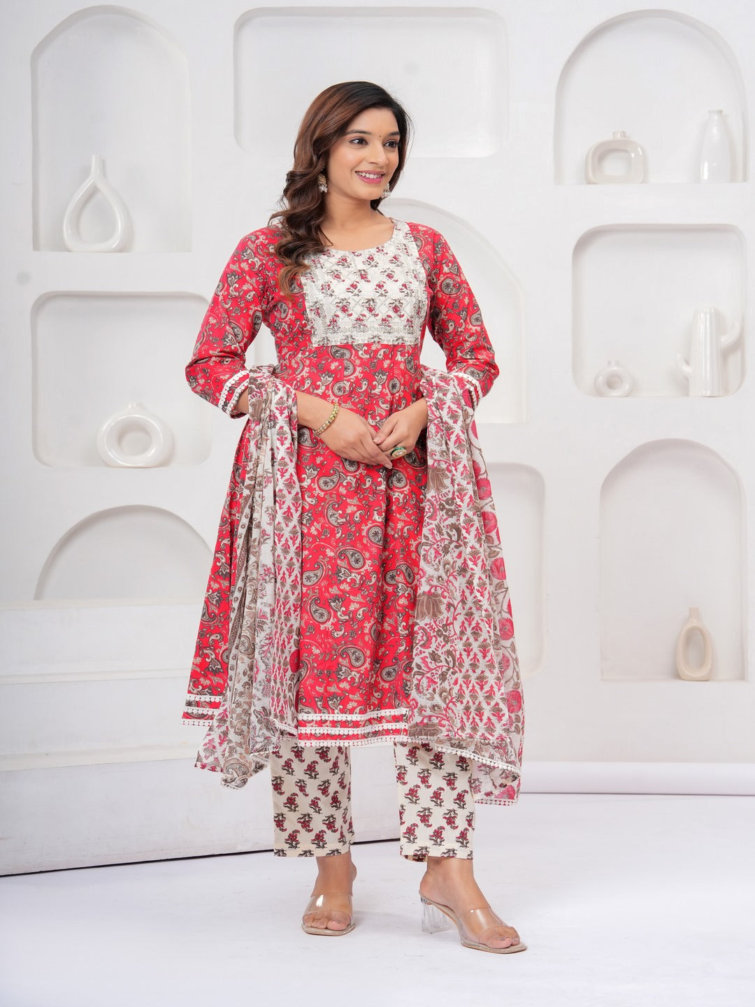 Red Floral Print Kurta Bottom With Dupatta Set
