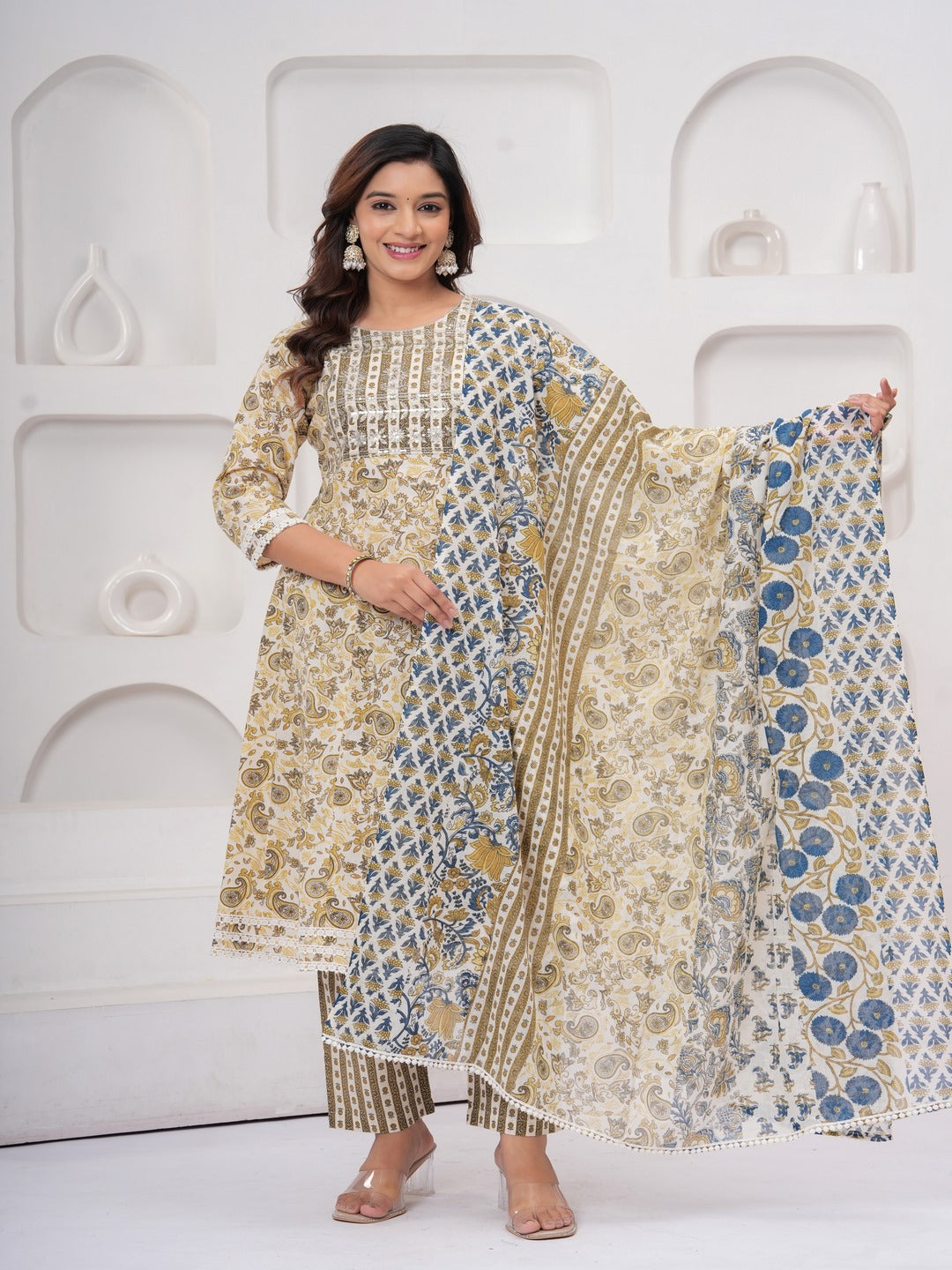 Yellow Floral Print Kurta Bottom With Dupatta Set