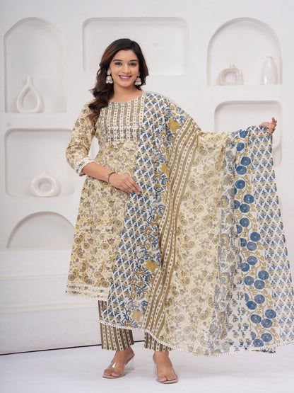 Yellow Floral Print Kurta Bottom With Dupatta Set