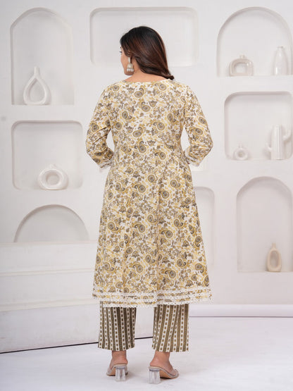 Yellow Floral Print Kurta Bottom With Dupatta Set