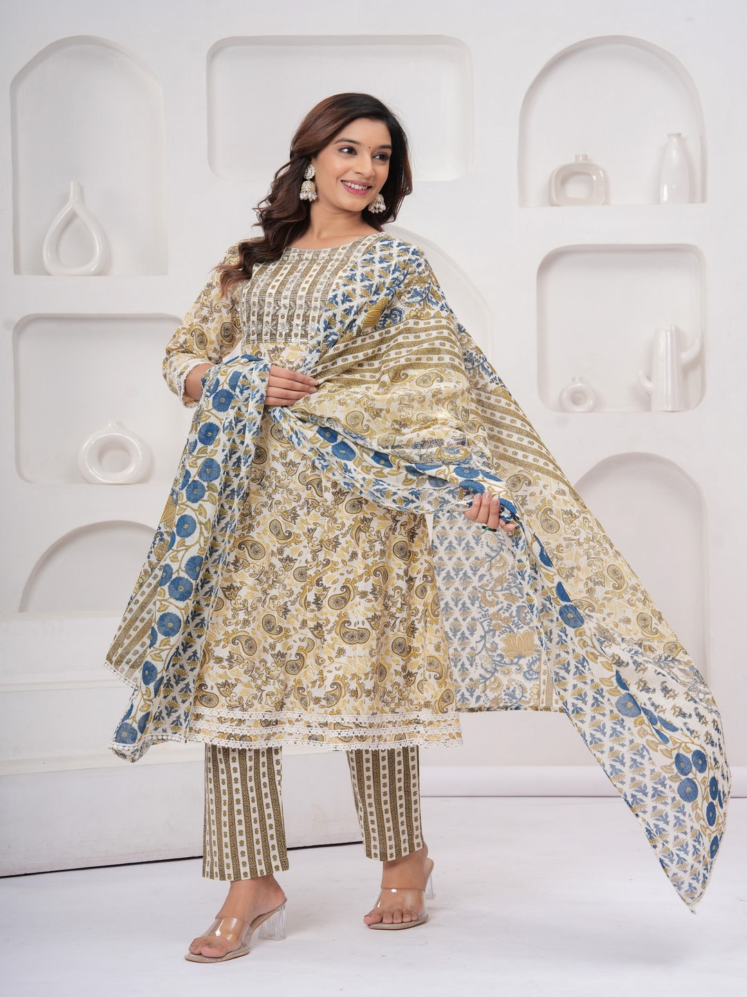 Yellow Floral Print Kurta Bottom With Dupatta Set