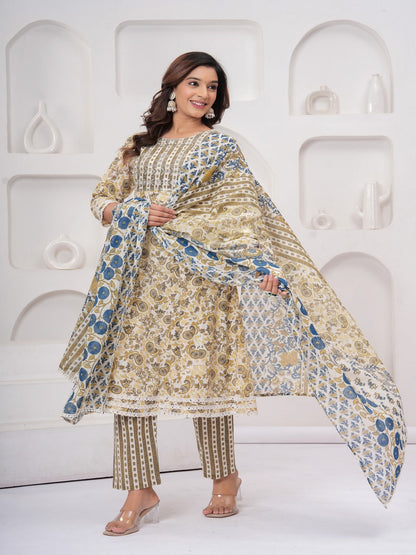 Yellow Floral Print Kurta Bottom With Dupatta Set
