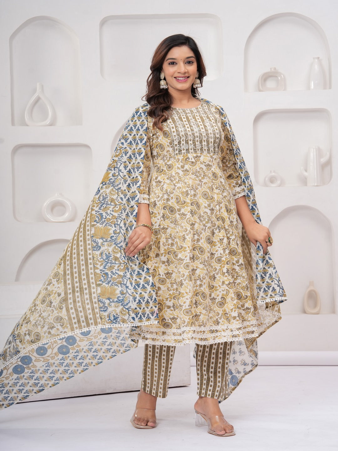 Yellow Floral Print Kurta Bottom With Dupatta Set