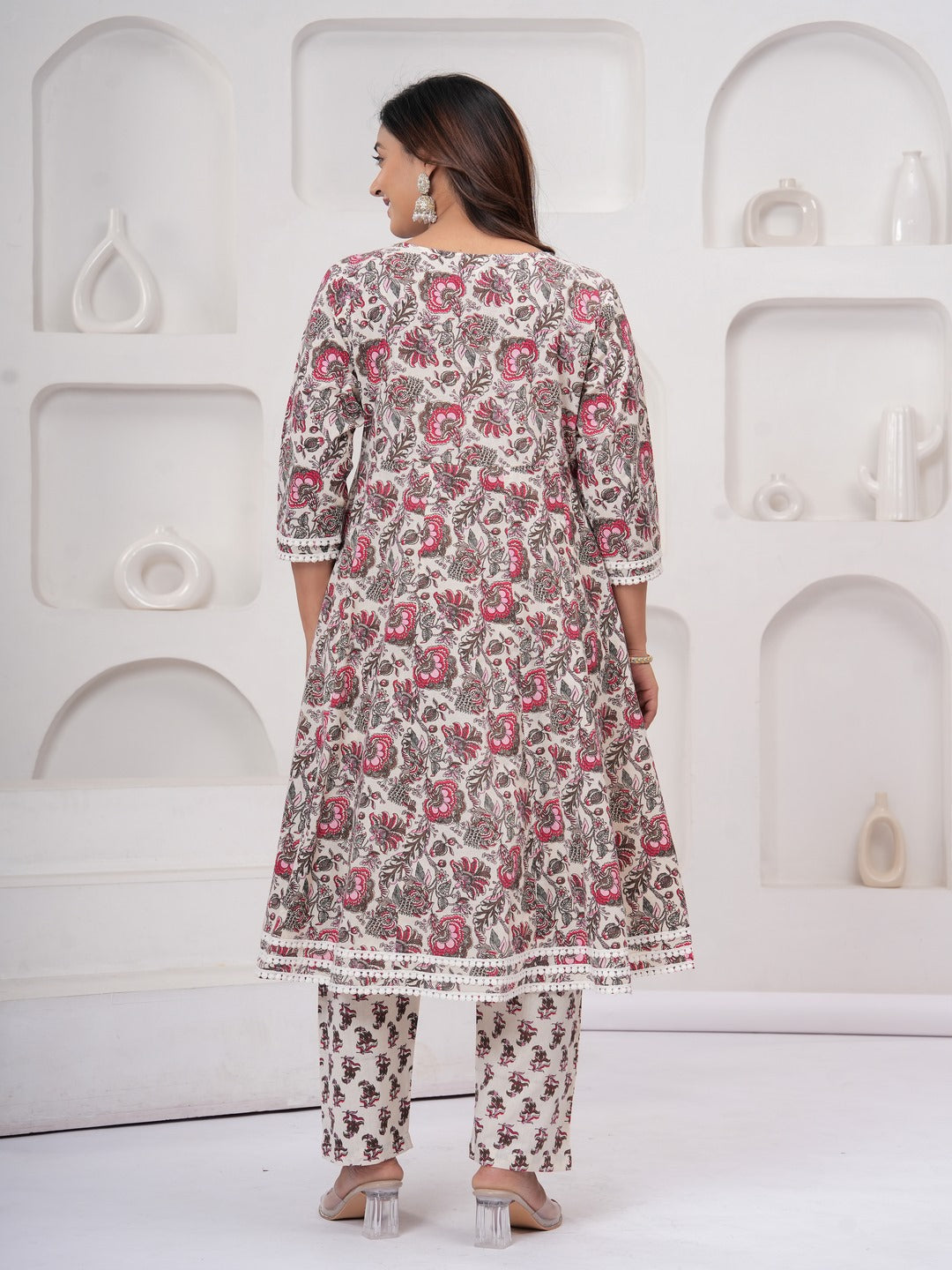 Peach Floral Print Kurta Bottom With Dupatta Set
