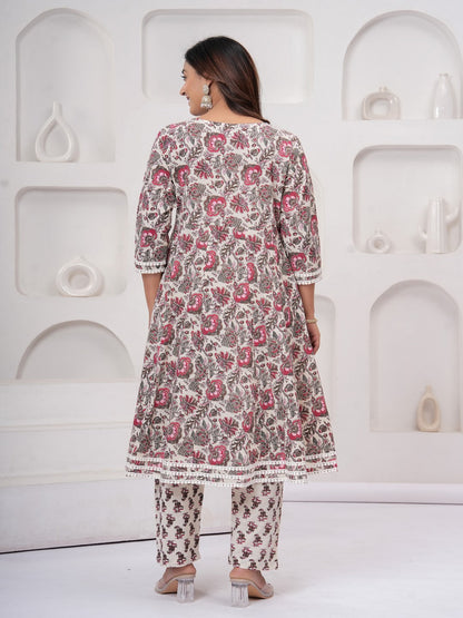Peach Floral Print Kurta Bottom With Dupatta Set