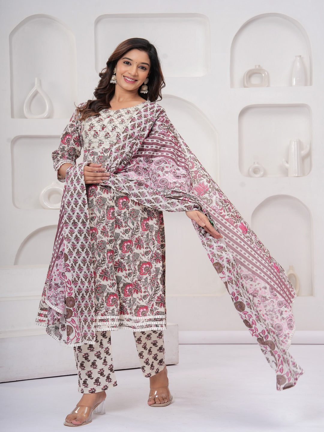Peach Floral Print Kurta Bottom With Dupatta Set