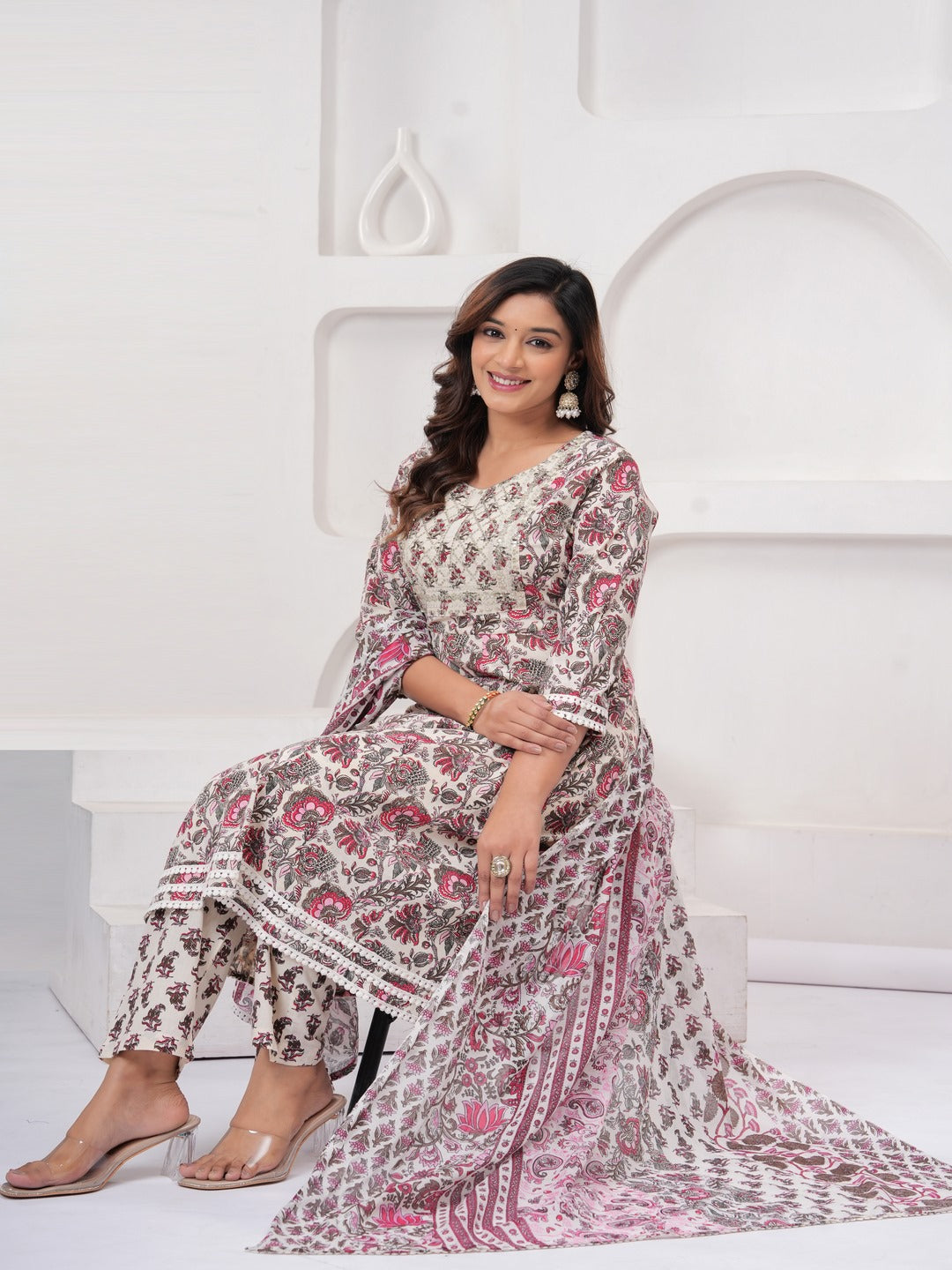 Peach Floral Print Kurta Bottom With Dupatta Set