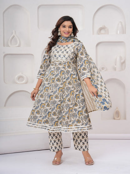 Yellow Floral Print Kurta Bottom With Dupatta Set
