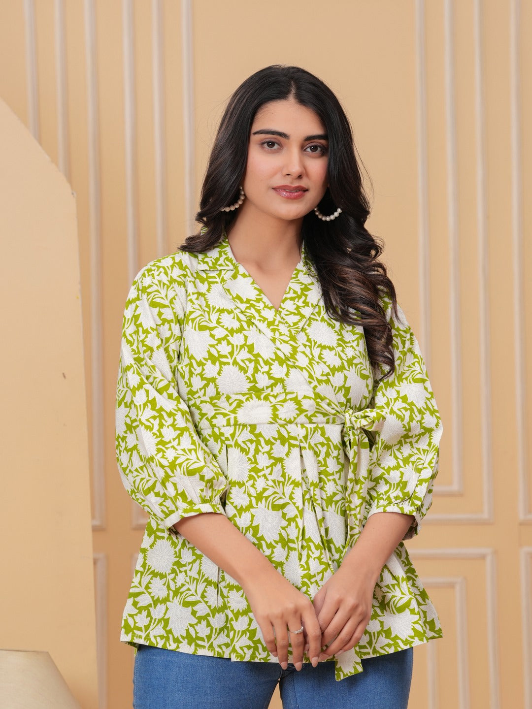 Parrot Green Floral Print Top
