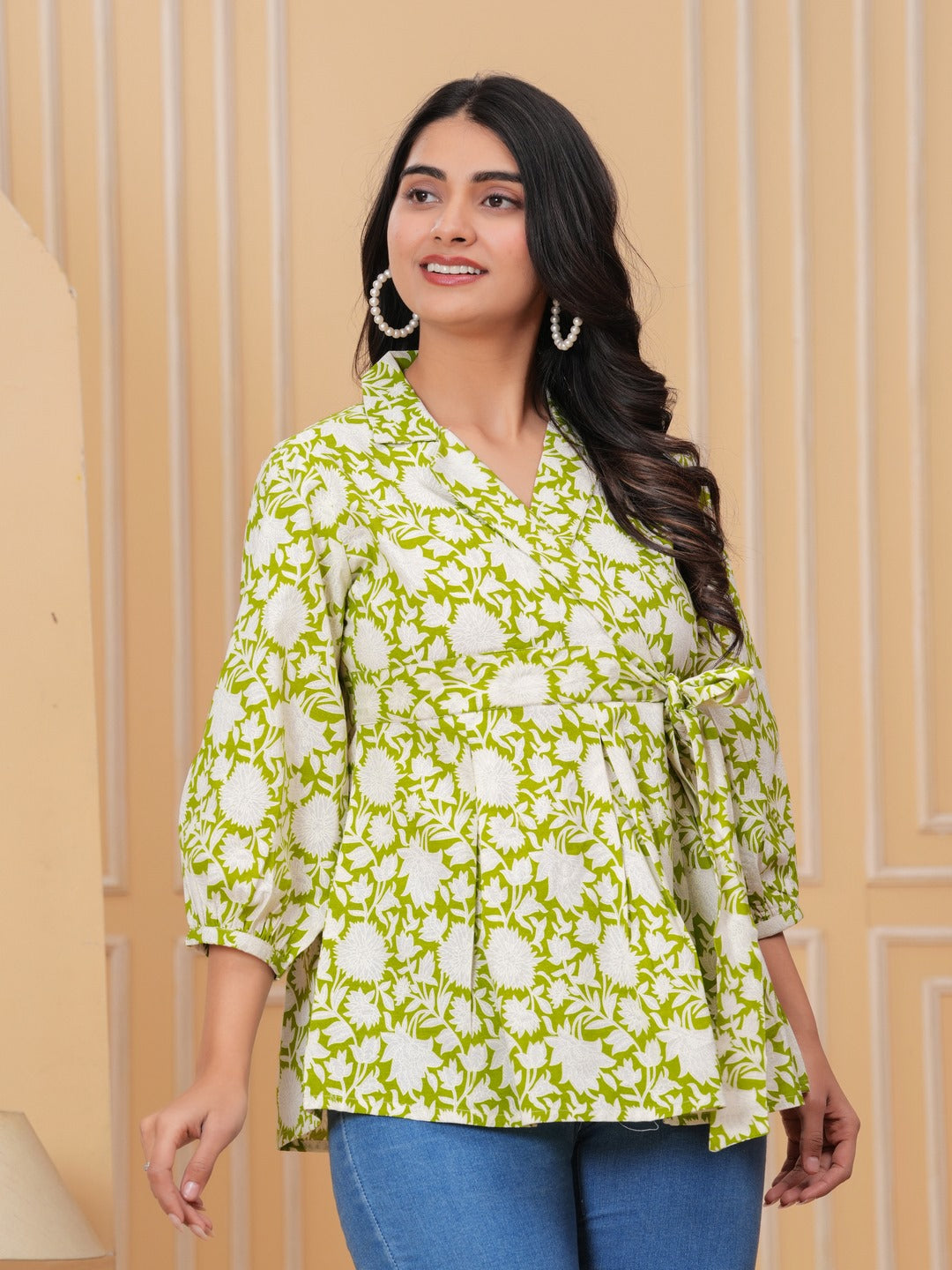 Parrot Green Floral Print Top