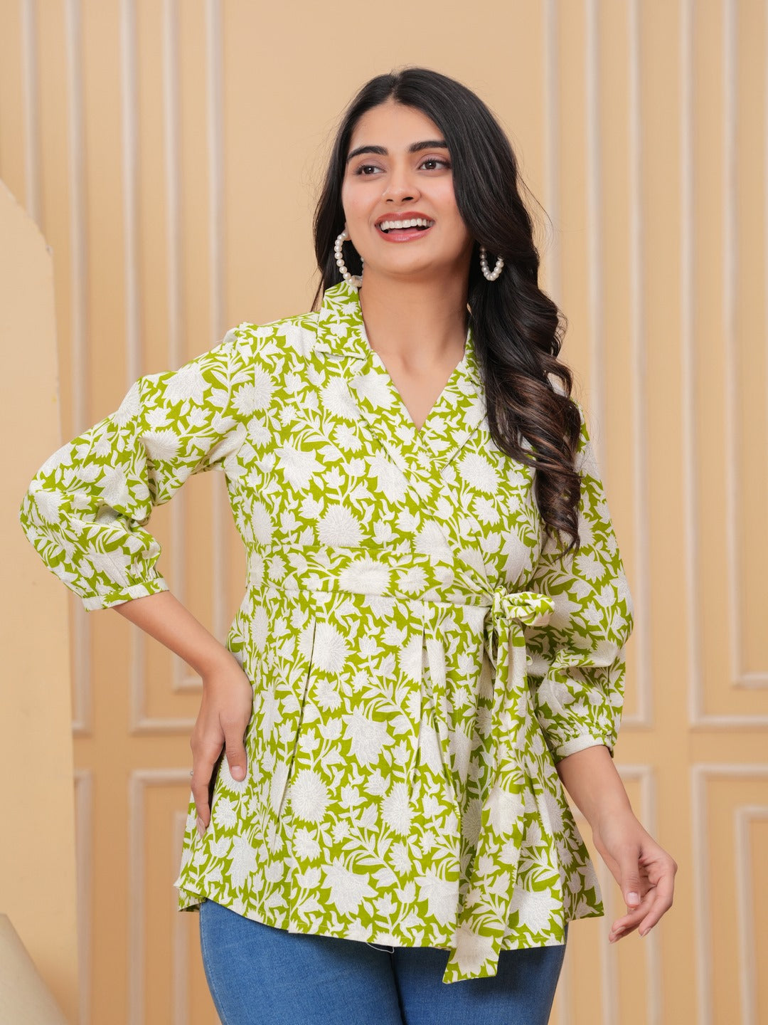 Parrot Green Floral Print Top