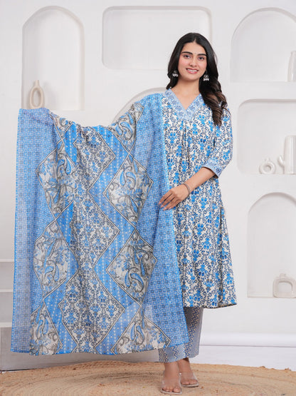 Blue Floral Print Kurta Pant Dupatta Set