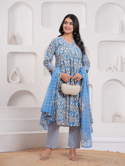Blue Floral Print Kurta Pant Dupatta Set