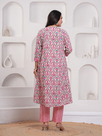 Pink Floral Print Kurta Pant Dupatta Set