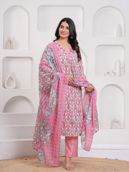 Pink Floral Print Kurta Pant Dupatta Set
