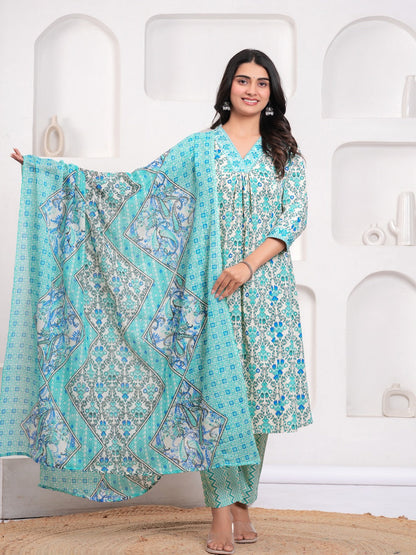 Sky Blue Floral Print Kurta Pant Dupatta Set