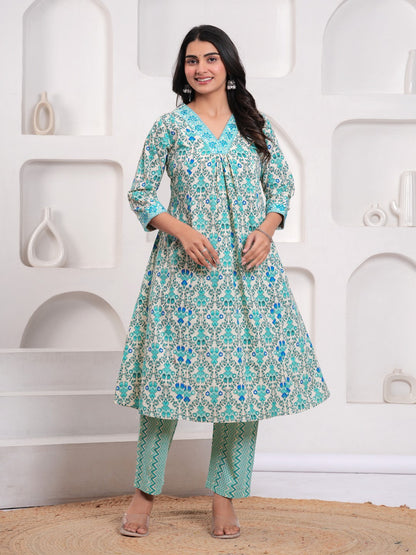Sky Blue Floral Print Kurta Pant Dupatta Set