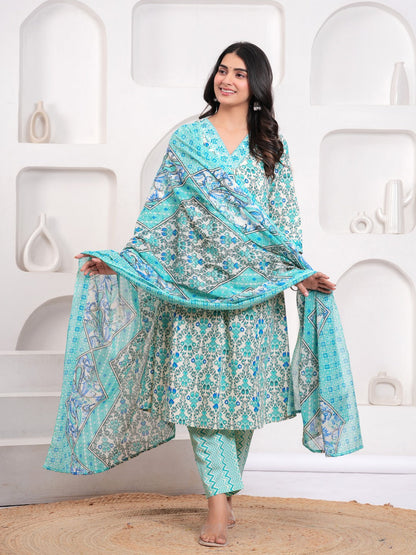 Sky Blue Floral Print Kurta Pant Dupatta Set
