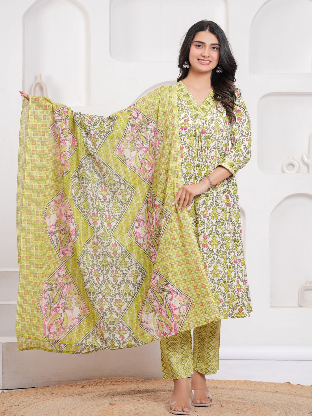 Yellow Floral Print Kurta Pant Dupatta Set