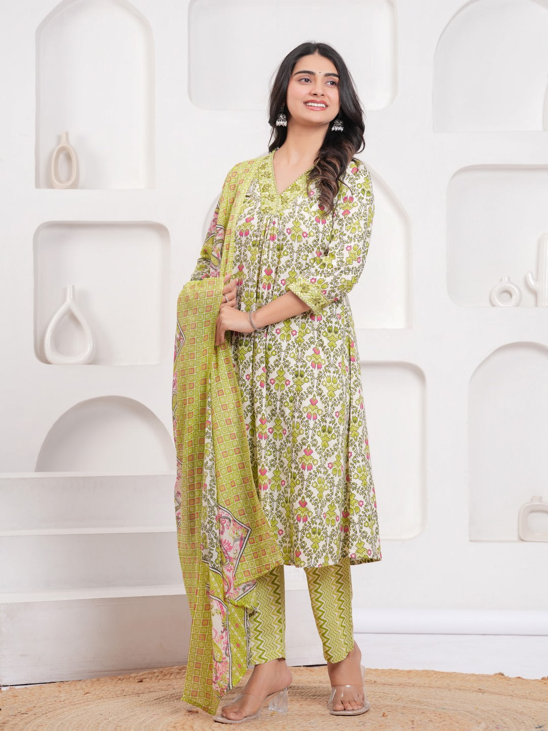Yellow Floral Print Kurta Pant Dupatta Set