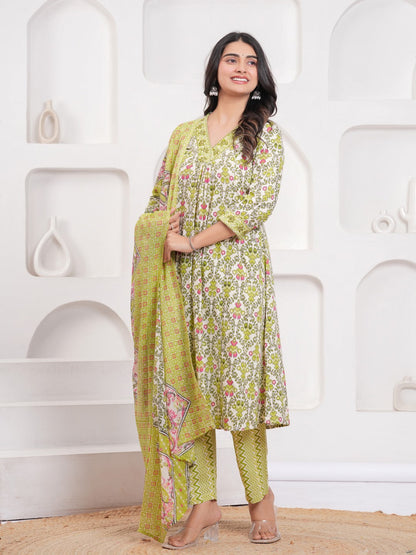 Yellow Floral Print Kurta Pant Dupatta Set