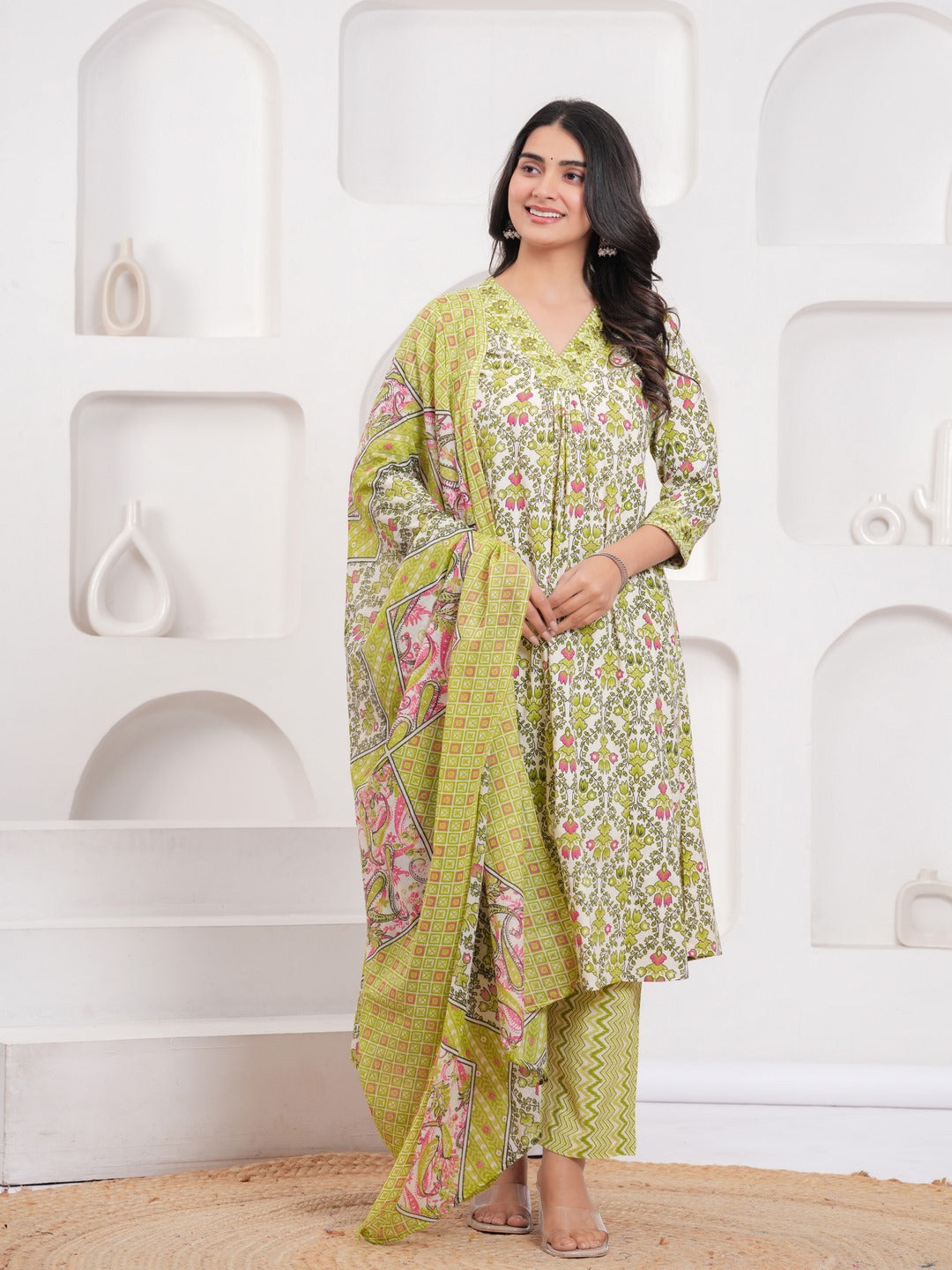 Yellow Floral Print Kurta Pant Dupatta Set