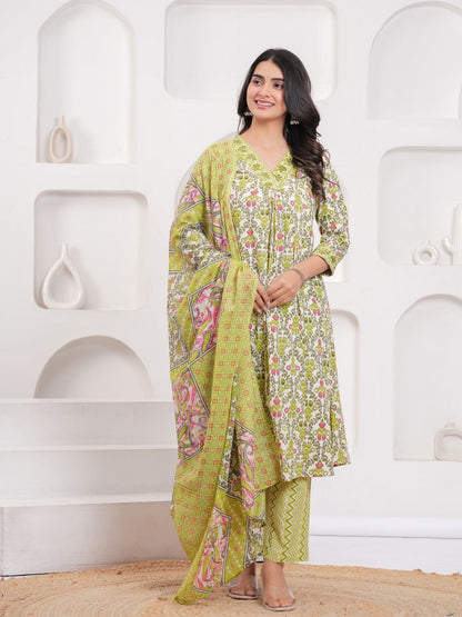 Yellow Floral Print Kurta Pant Dupatta Set