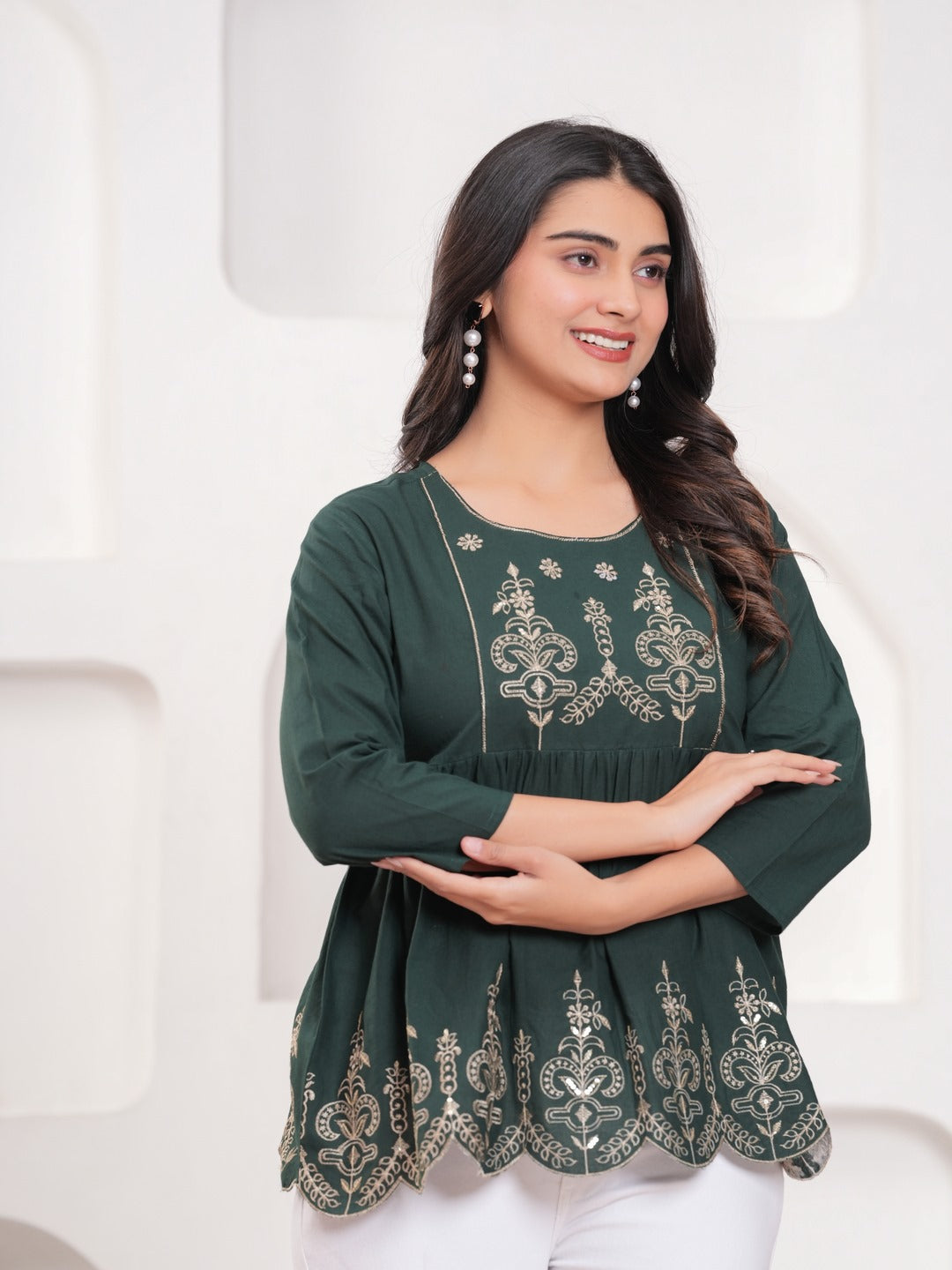 Dark Green Floral Print Top