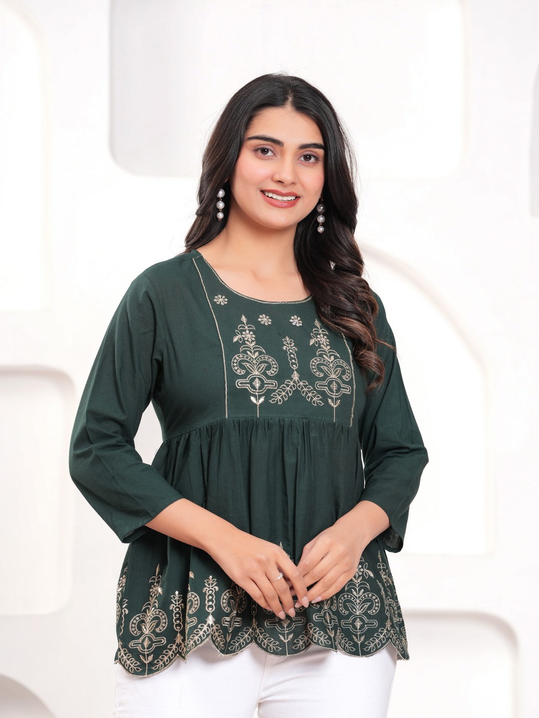 Dark Green Floral Print Top