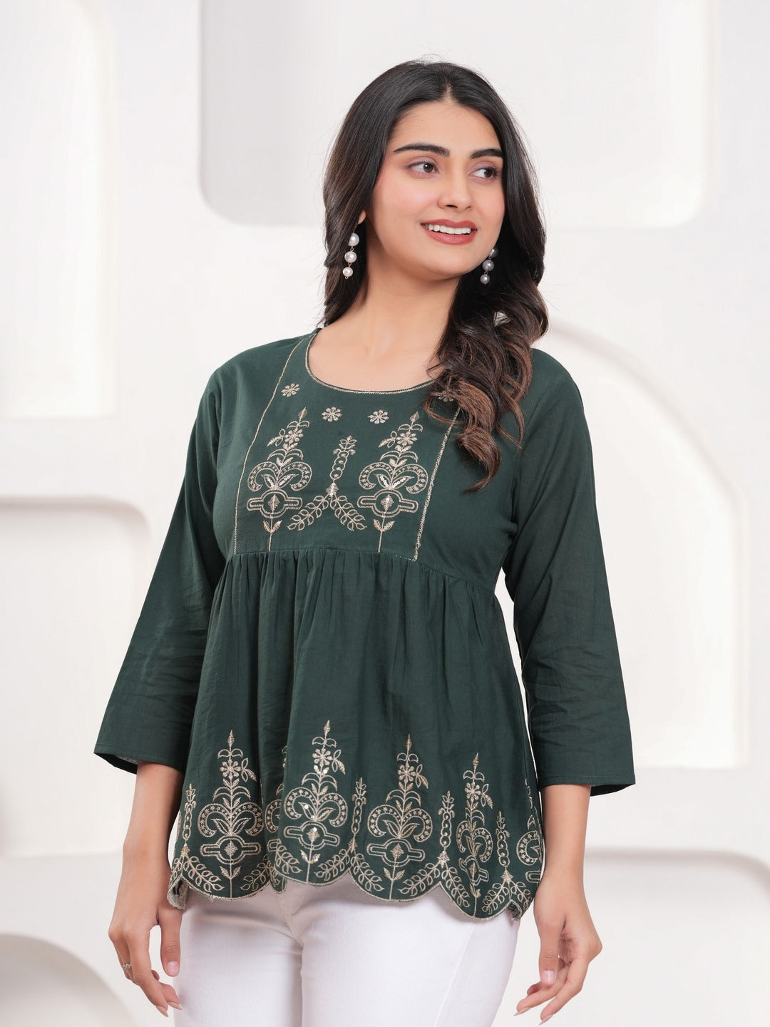 Dark Green Floral Print Top