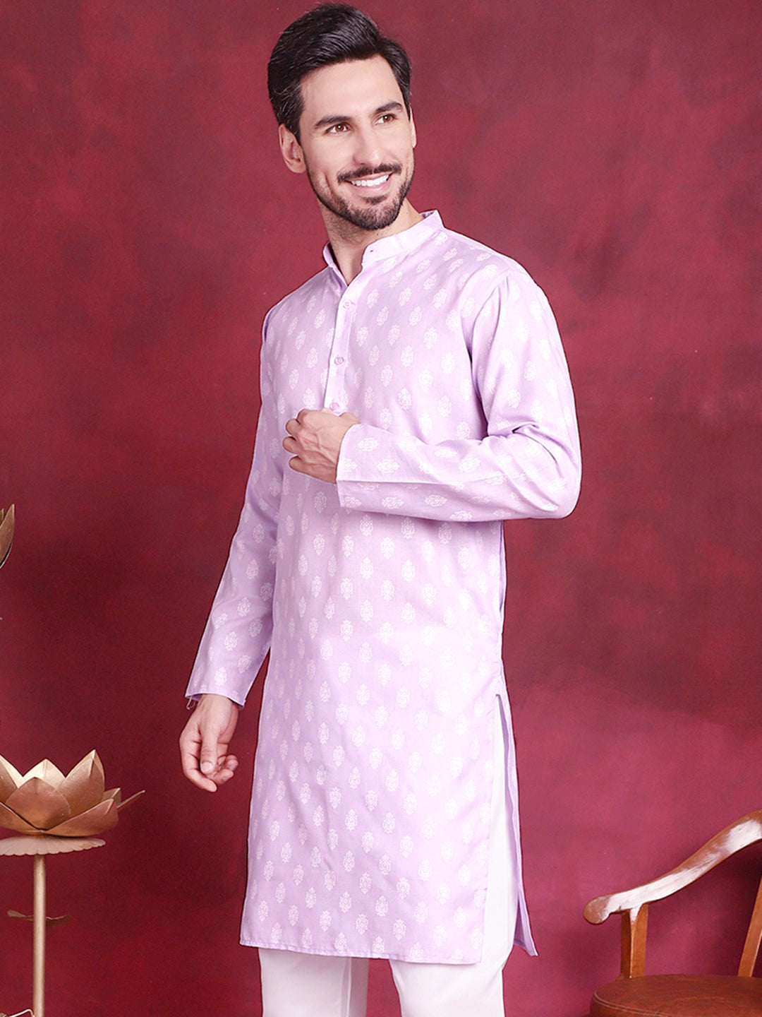 Men Purple And White Floral Printed Kurtas