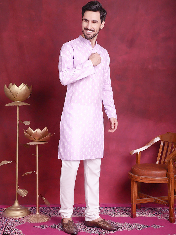 Men Purple And White Floral Printed Kurtas