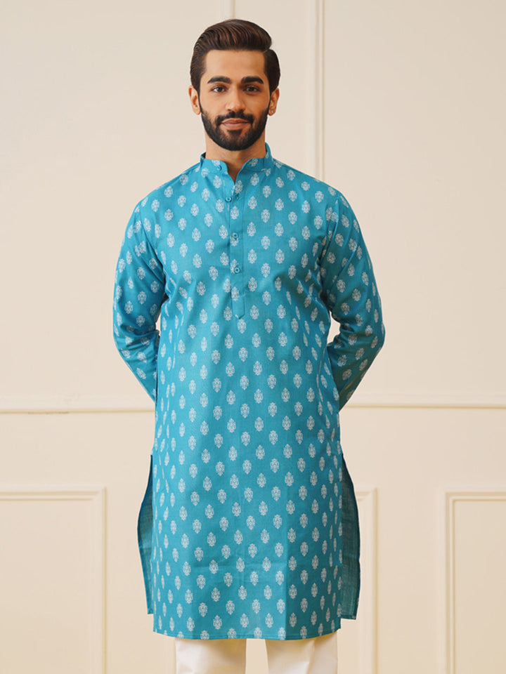 Men Teal And White Floral Printed Kurtas