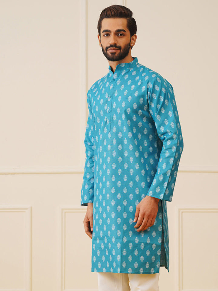 Men Teal And White Floral Printed Kurtas