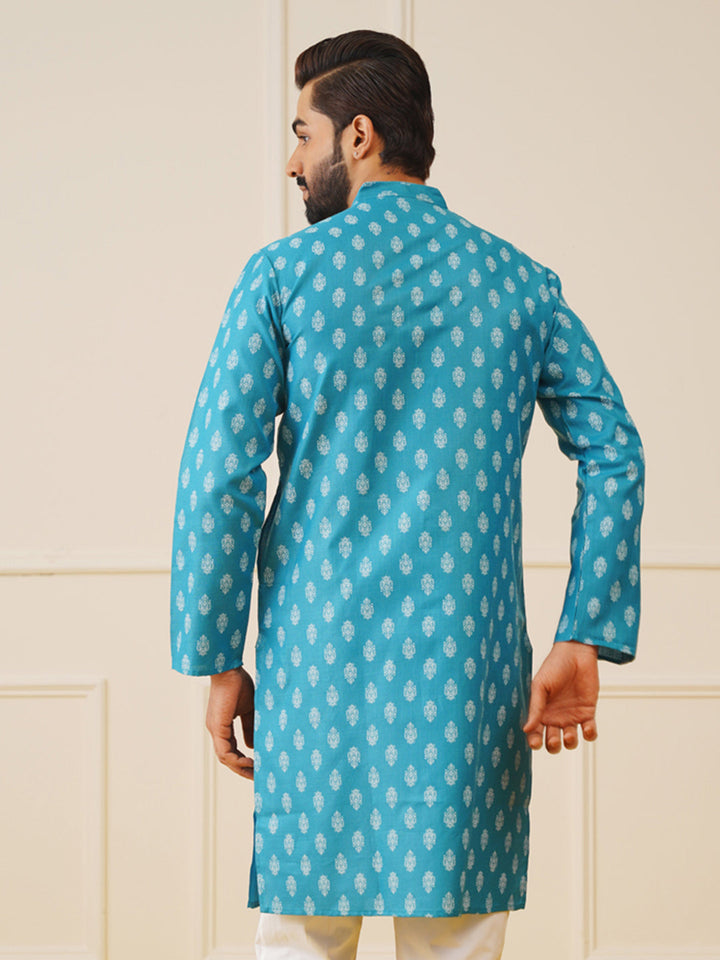 Men Teal And White Floral Printed Kurtas