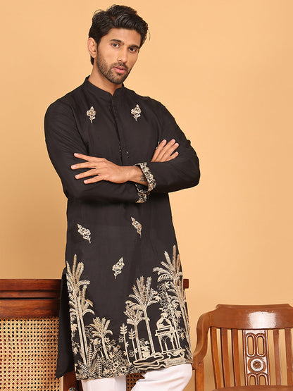 Black Embroidered Straight Kurtas For Men