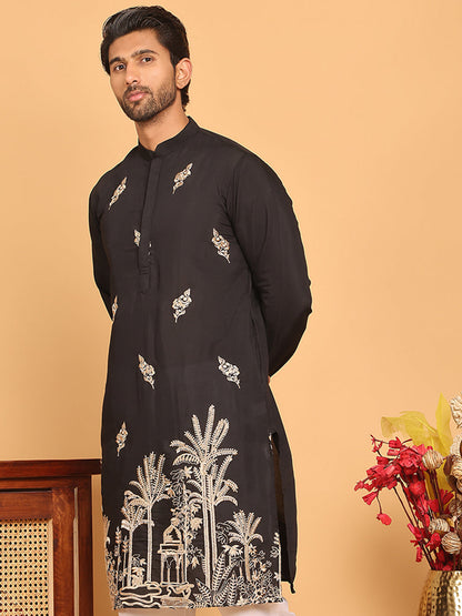 Black Embroidered Straight Kurtas For Men